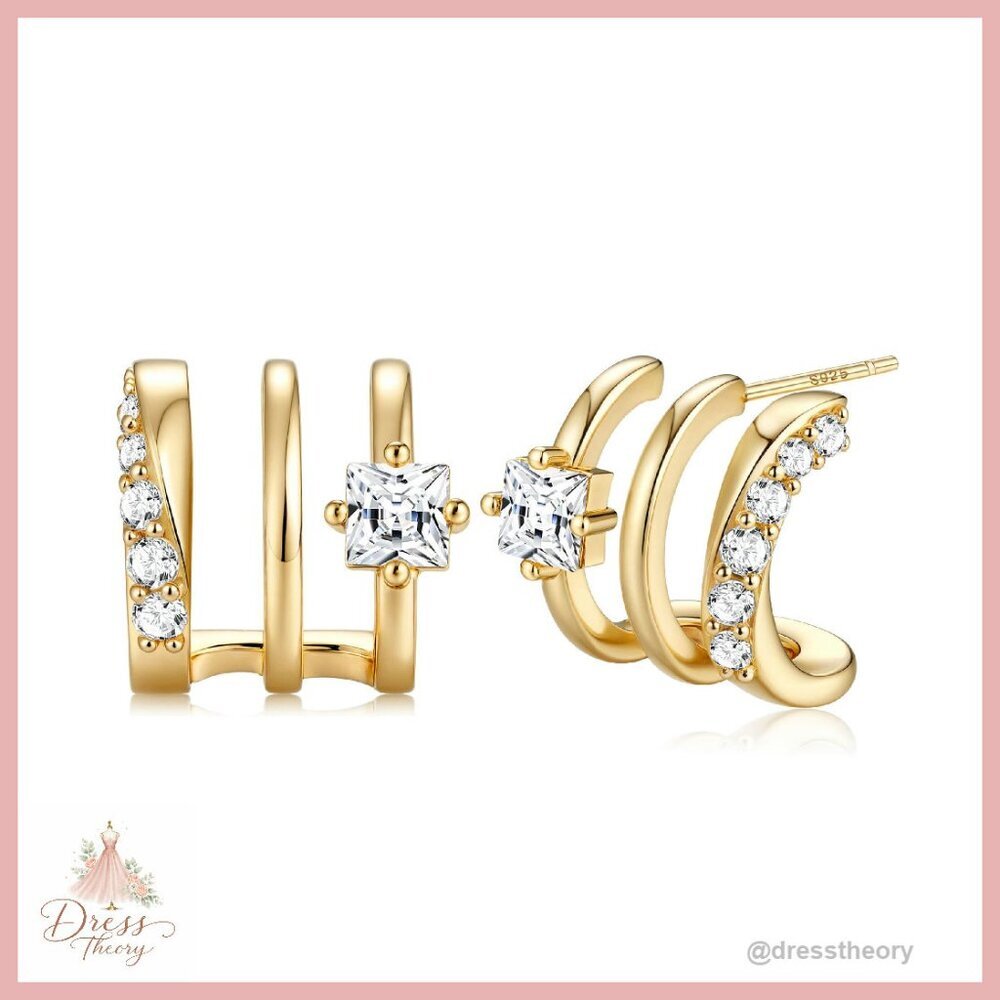 Sterling Silver Triple Hoop Illusion Stud Earrings 14k Gold Plated